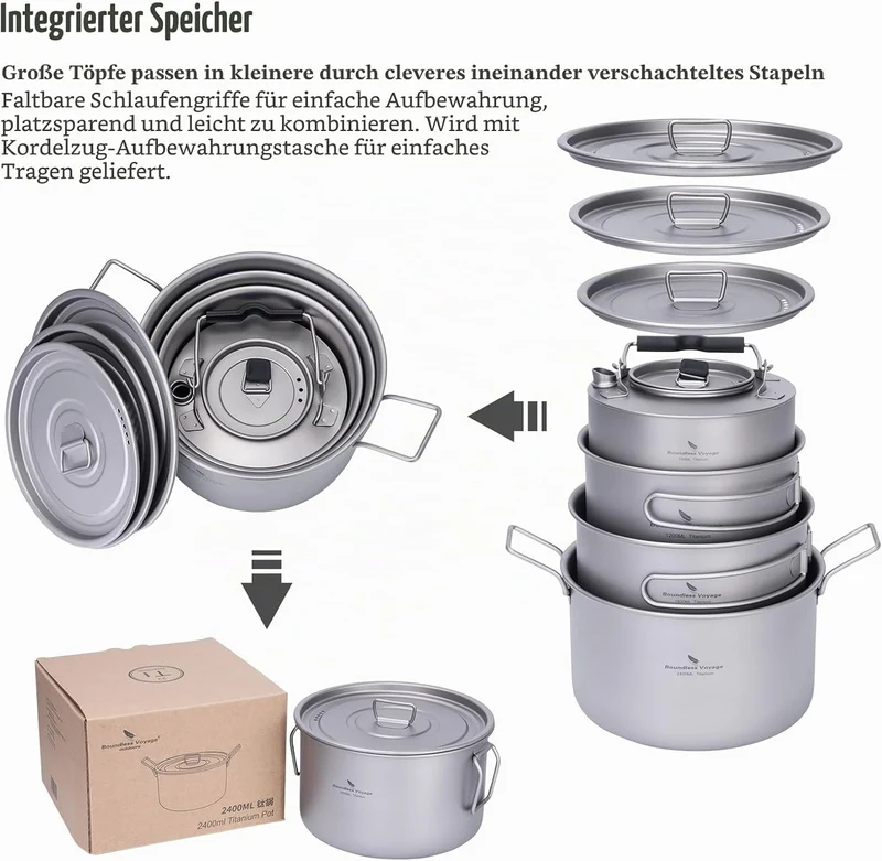 Boundless Voyage Titan Camping Kochgeschirr Mess Kit Faltbares Kochtopf-Set und Wasserkocher für Ruc