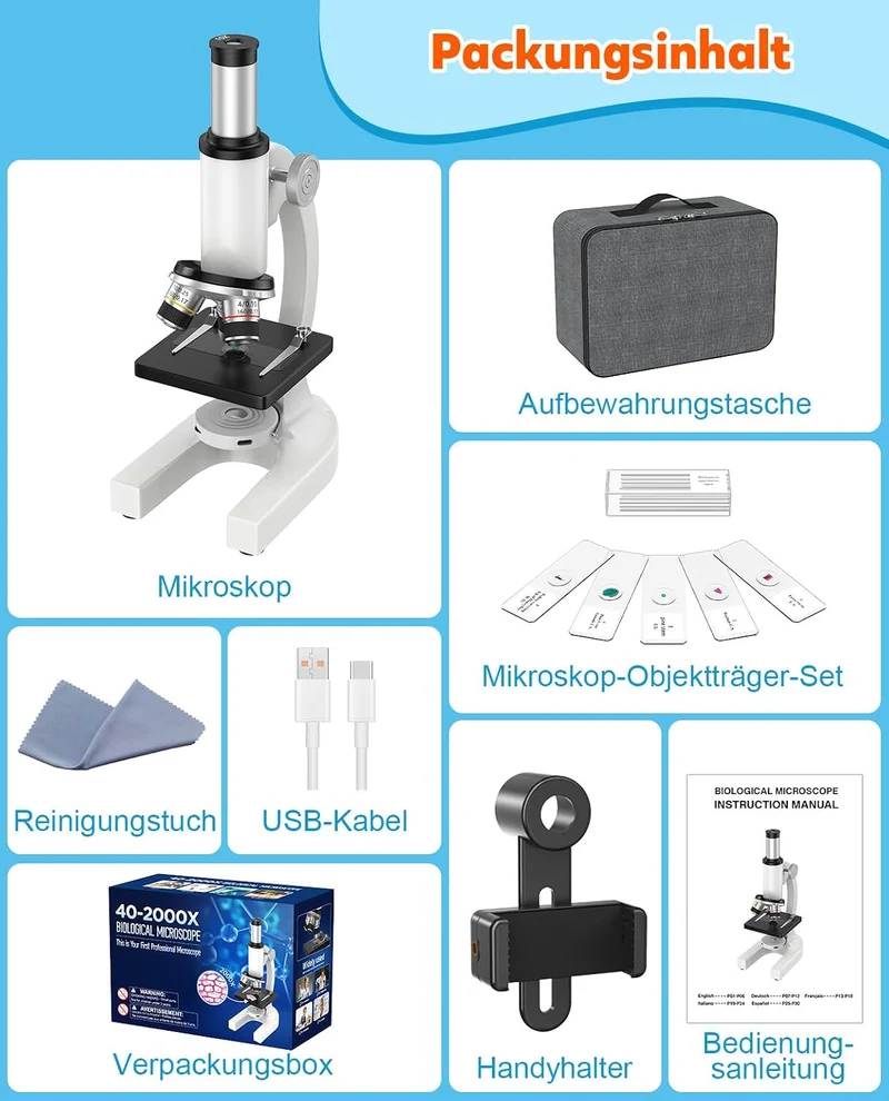 40X-2000X Mikroskop für Kinder Schüler Erwachsene: Biologie Monokulares Mikroskop für Labor, Zuhause