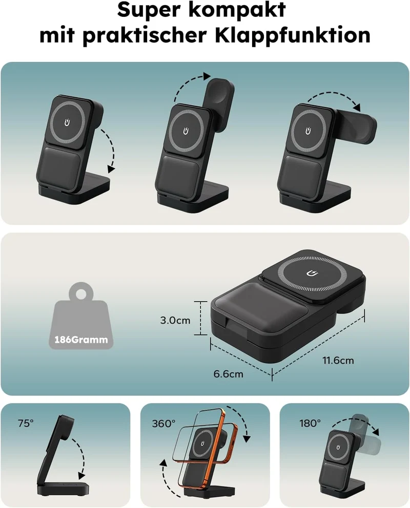 15W Magsafe Ladestation für Apple Watch und iPhone Faltbare mit Schnellladefunktion, 3 IN 1 Magsafe