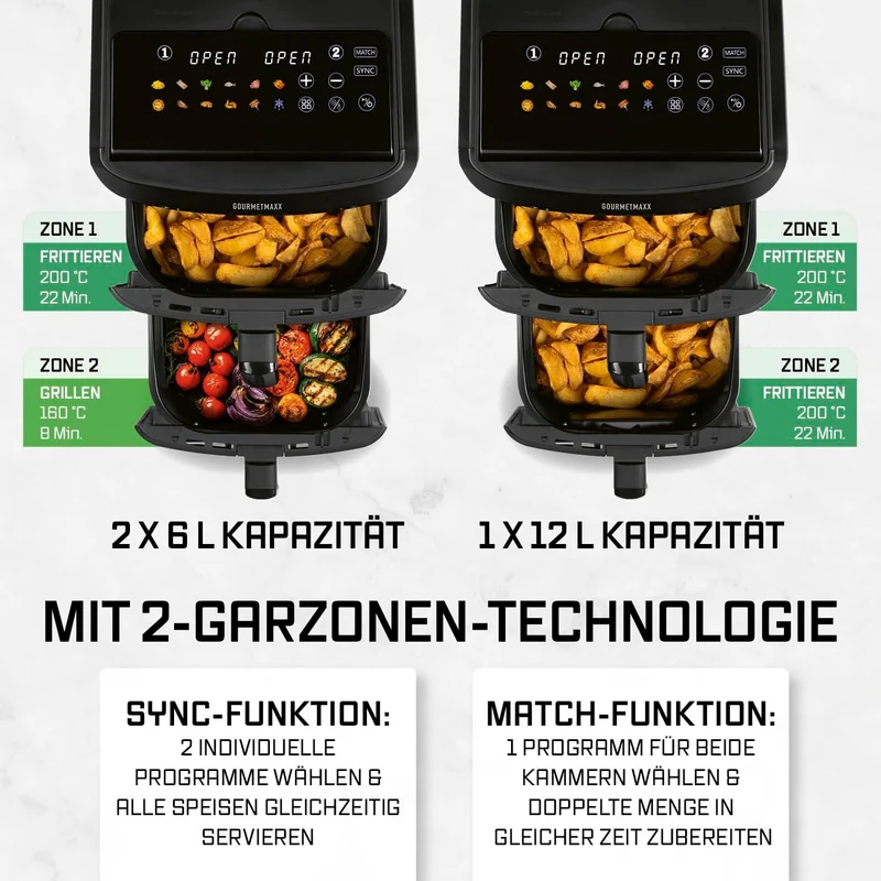 GOURMETmaxx FryUp XL vertikale Doppelkammer Heissluftfritteuse - 12 L | Airfryer mit Multi-Colour LE