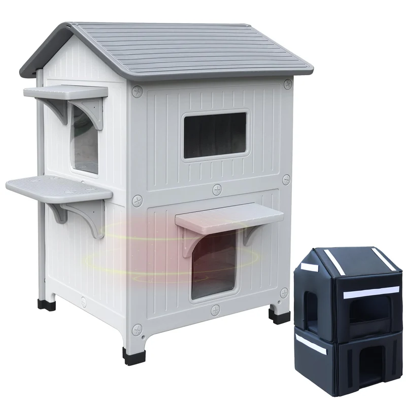 2 Geschichte Katzenhaus Outdoor mit isolierter Auskleidung, Outdoor-Häuser für Katzen Kunststoff aus