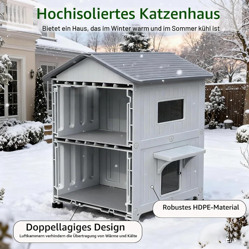 2 Geschichte Katzenhaus Outdoor mit isolierter Auskleidung, Outdoor-Häuser für Katzen Kunststoff aus