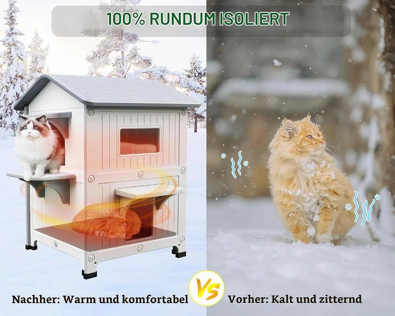 2 Geschichte Katzenhaus Outdoor mit isolierter Auskleidung, Outdoor-Häuser für Katzen Kunststoff aus