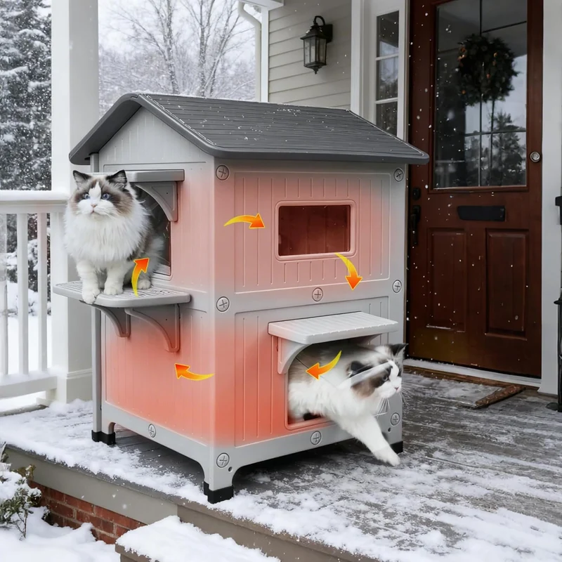 2 Geschichte Katzenhaus Outdoor mit isolierter Auskleidung, Outdoor-Häuser für Katzen Kunststoff aus