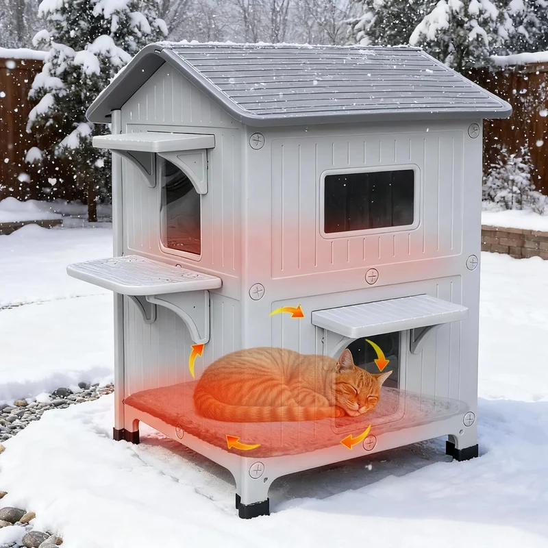 2 Geschichte Katzenhaus Outdoor mit isolierter Auskleidung, Outdoor-Häuser für Katzen Kunststoff aus