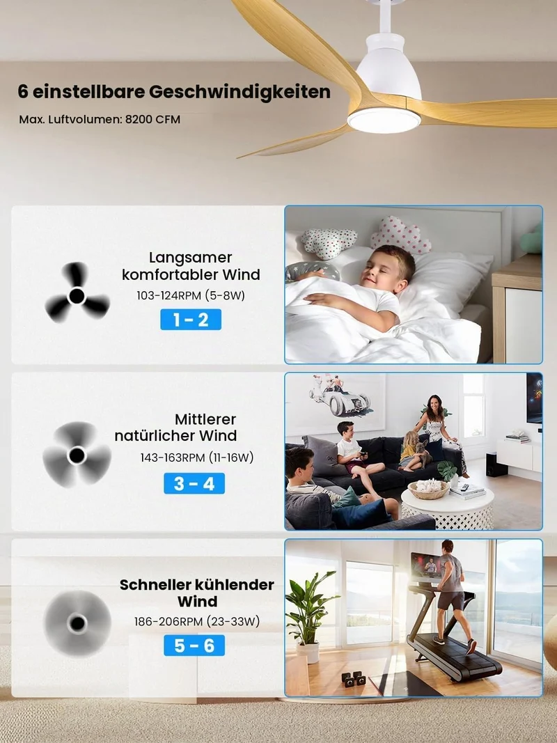 Newday DC Motor Deckenventilator mit LED Beleuchtung Fernbedienung Leise, 132cm Deckenventilator Hol