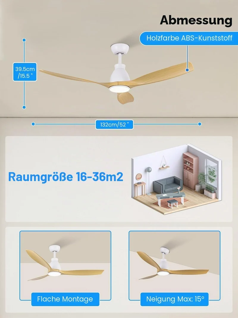 Newday DC Motor Deckenventilator mit LED Beleuchtung Fernbedienung Leise, 132cm Deckenventilator Hol