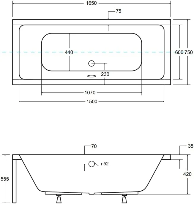 KOLMAN Badewanne QUADRO Rechteck 165x75 ohne Verkleidung, Ablaufgarnitur und Füssen Komplettset 3in1