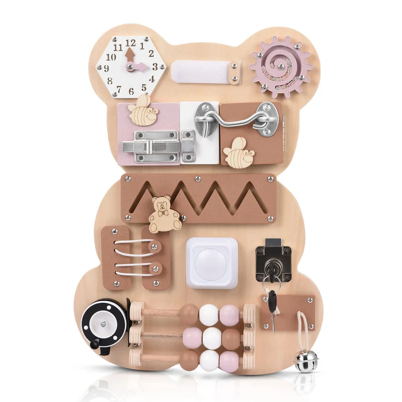 Montessori Busy Board, Motorikwand Sensorisches Spielbrett mit Schlüssel, Riegel, Uhr Erlernen, Hand