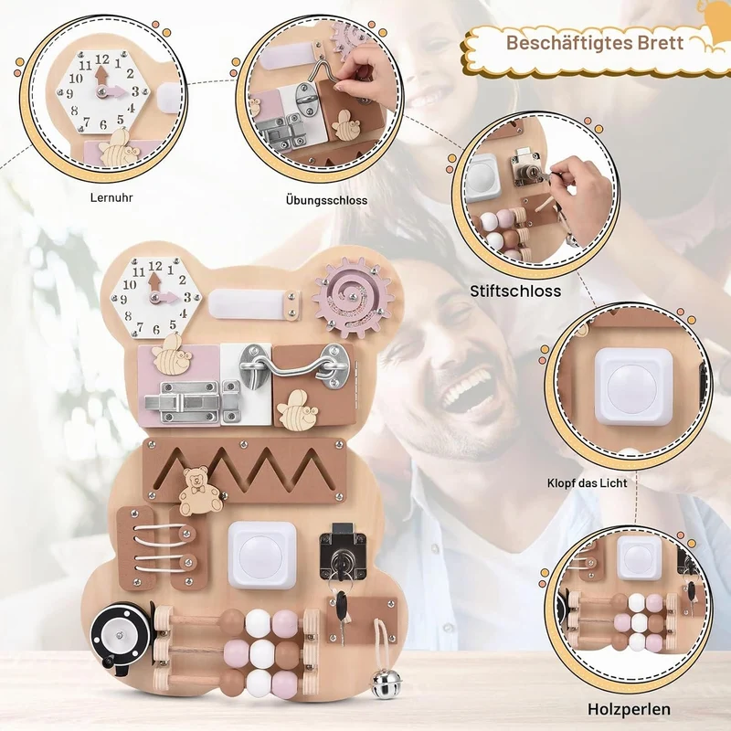 Montessori Busy Board, Motorikwand Sensorisches Spielbrett mit Schlüssel, Riegel, Uhr Erlernen, Hand