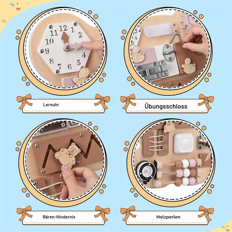 Montessori Busy Board, Motorikwand Sensorisches Spielbrett mit Schlüssel, Riegel, Uhr Erlernen, Hand