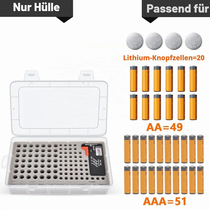 Casmilee Batterie Aufbewahrungsbox, Batteriebox Hält 49 AA & 51 AAA Batterien Mit Batterietester, Ba