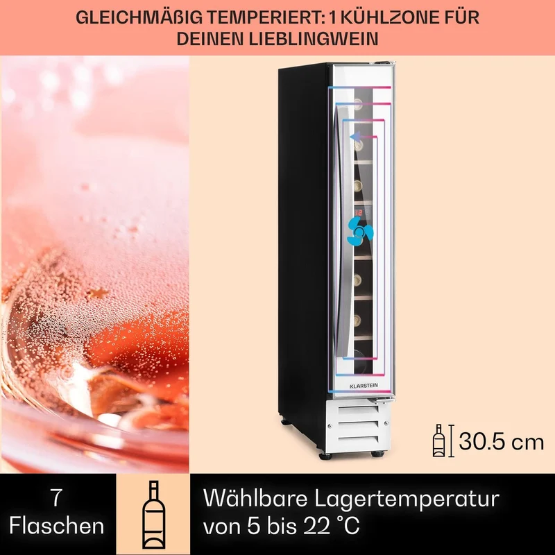 Klarstein Weinkühlschrank, 1 Zonen Getränkekühlschrank, Kleiner Einbau-Weinschrank Schmal, 20L Wein-