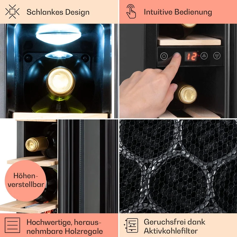 Klarstein Weinkühlschrank, 1 Zonen Getränkekühlschrank, Kleiner Einbau-Weinschrank Schmal, 20L Wein-