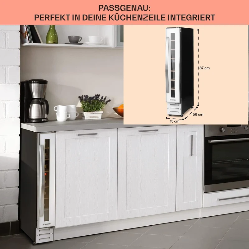 Klarstein Weinkühlschrank, 1 Zonen Getränkekühlschrank, Kleiner Einbau-Weinschrank Schmal, 20L Wein-