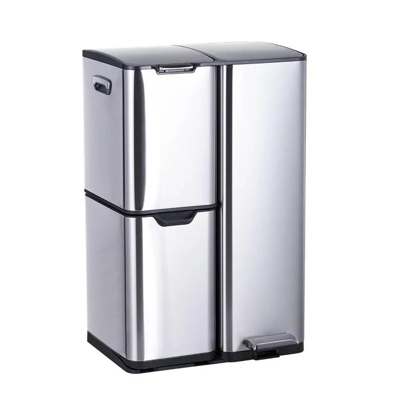 Relaxdays Mülleimer, 3 Fächer, 60 L, entnehmbare Inneneimer, Soft Close, Fusspedal, Edelstahl, Müllt