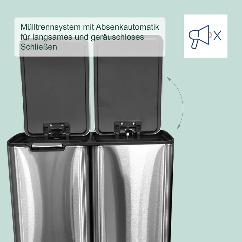 Relaxdays Mülleimer, 3 Fächer, 60 L, entnehmbare Inneneimer, Soft Close, Fusspedal, Edelstahl, Müllt