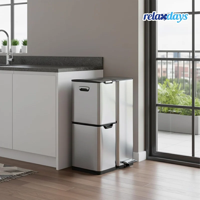 Relaxdays Mülleimer, 3 Fächer, 60 L, entnehmbare Inneneimer, Soft Close, Fusspedal, Edelstahl, Müllt