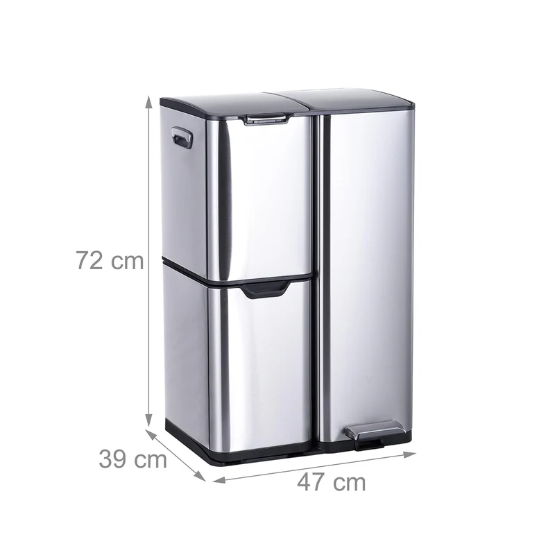 Relaxdays Mülleimer, 3 Fächer, 60 L, entnehmbare Inneneimer, Soft Close, Fusspedal, Edelstahl, Müllt