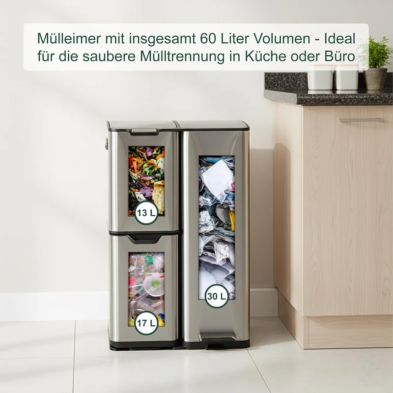 Relaxdays Mülleimer, 3 Fächer, 60 L, entnehmbare Inneneimer, Soft Close, Fusspedal, Edelstahl, Müllt