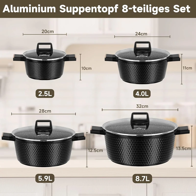 HOMELUX Topfset Induktion 8-teilig, 20/24/28/32cm Kochtopf Set mit Antihaftbeschichtet, Kochtöpfe In