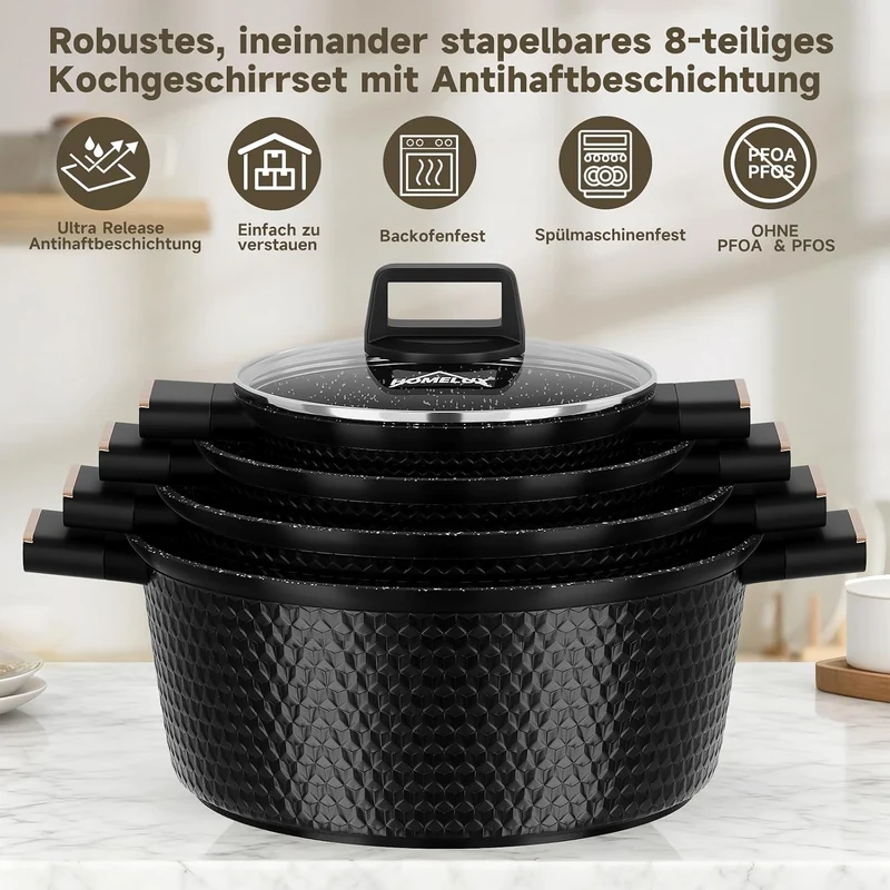 HOMELUX Topfset Induktion 8-teilig, 20/24/28/32cm Kochtopf Set mit Antihaftbeschichtet, Kochtöpfe In