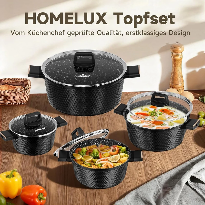 HOMELUX Topfset Induktion 8-teilig, 20/24/28/32cm Kochtopf Set mit Antihaftbeschichtet, Kochtöpfe In