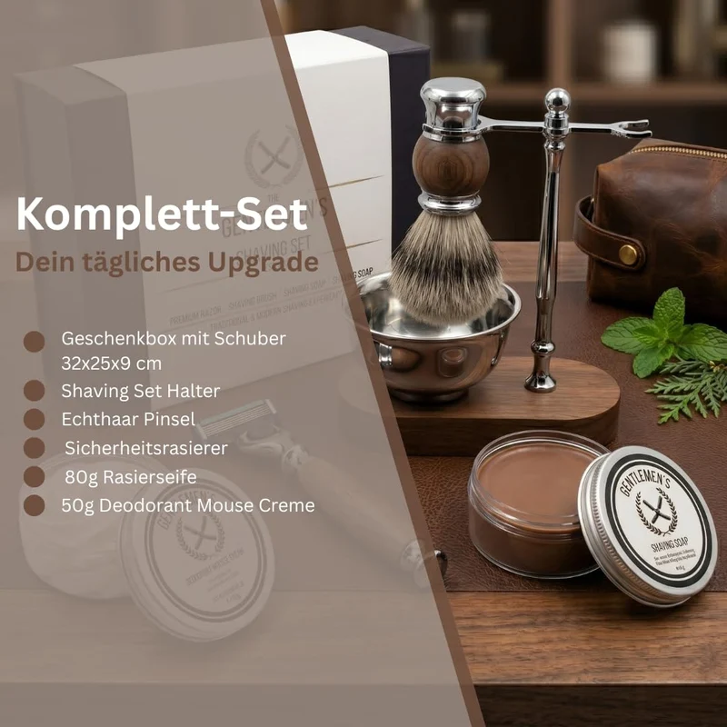 Rasierset Für Manner - Sicherheitsrasierer, Ständer, Schale, Rasierseife, Deo Mouse Creme, Echthaar
