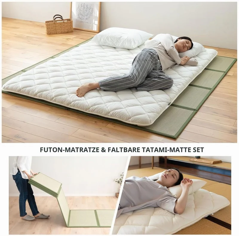 EMOOR Japanische Futon Matratze Premium CLASSE 160 x 200 cm und Faltbare Tatami Matte (Igusa Matratz