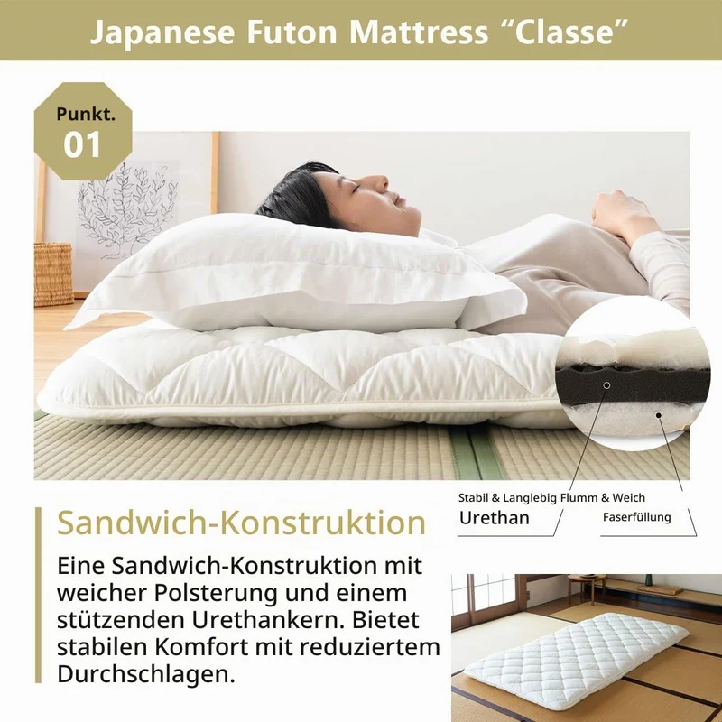 EMOOR Japanische Futon Matratze Premium CLASSE 160 x 200 cm und Faltbare Tatami Matte (Igusa Matratz