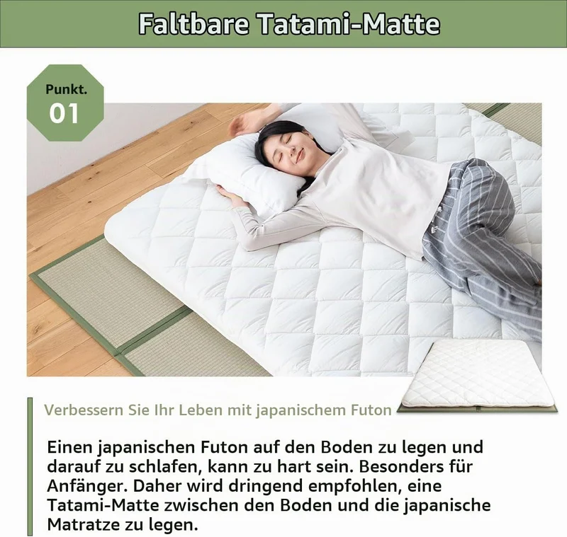 EMOOR Japanische Futon Matratze Premium CLASSE 160 x 200 cm und Faltbare Tatami Matte (Igusa Matratz