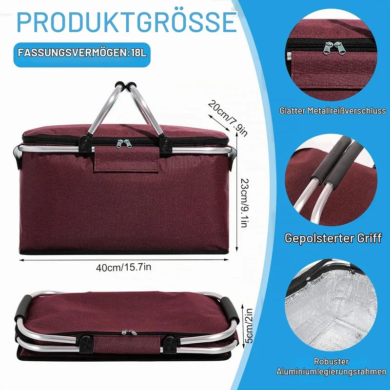 18L Einkaufskorb Faltbar, Einkaufskorb mit Kühlfunktion, mit Deckel, Korb Einkaufen, Kühlkorb Klappb