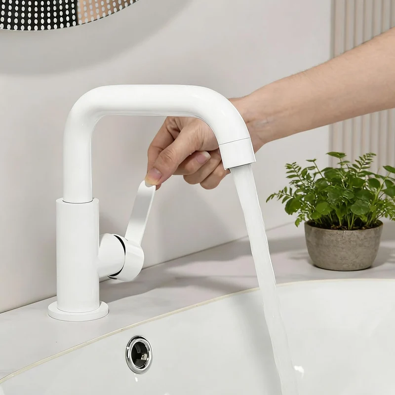 ONECE Waschtischarmatur mit 360° Drehbar, Weiss Wasserhahn Bad mit Auslauf Höhe 136.5 mm, Einhebelmi