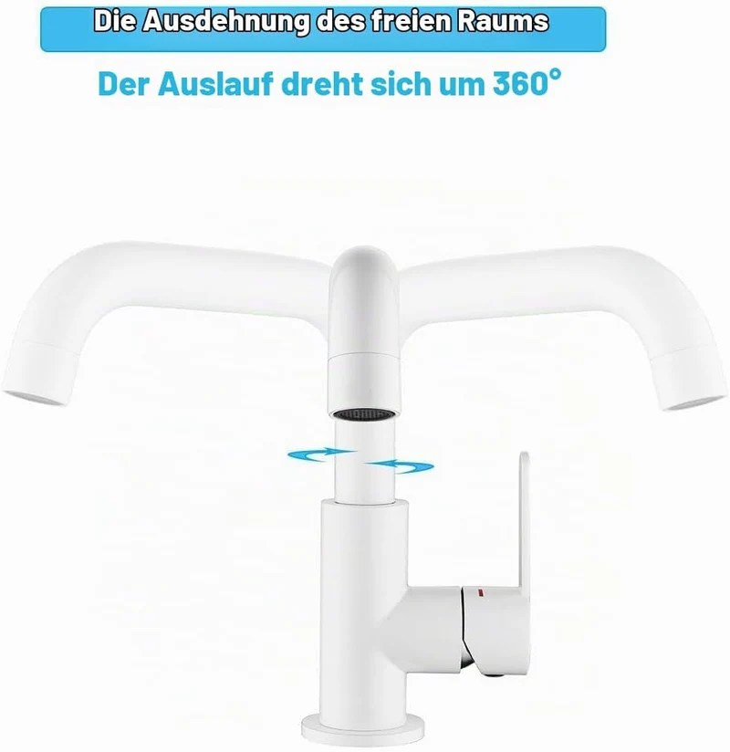 ONECE Waschtischarmatur mit 360° Drehbar, Weiss Wasserhahn Bad mit Auslauf Höhe 136.5 mm, Einhebelmi