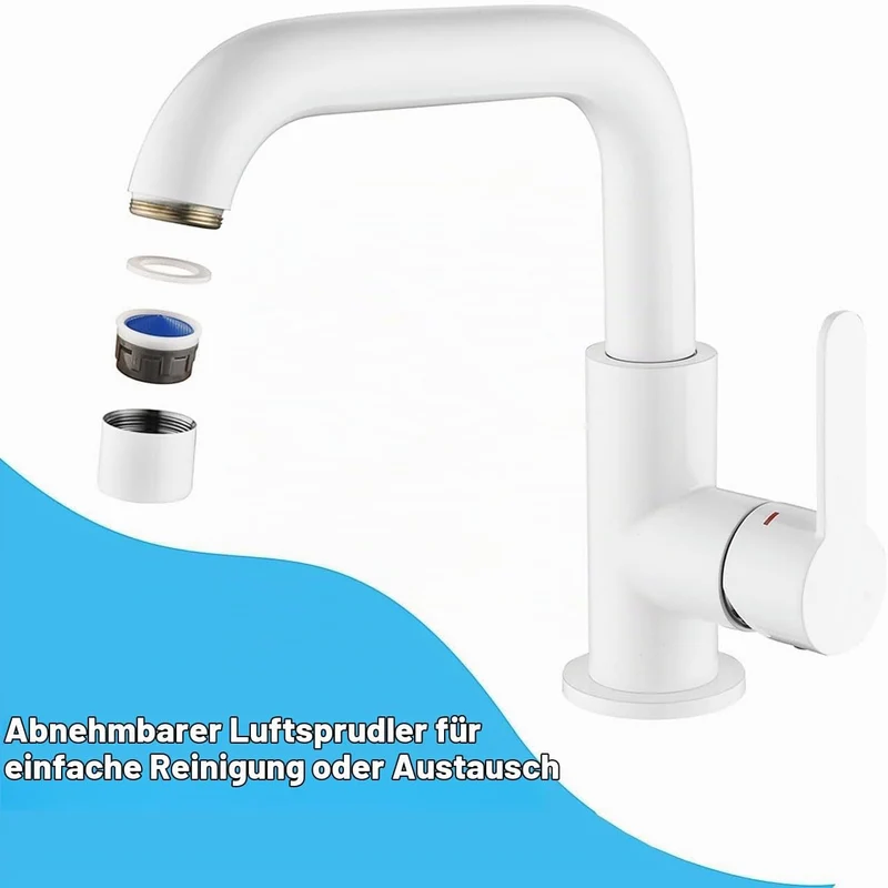 ONECE Waschtischarmatur mit 360° Drehbar, Weiss Wasserhahn Bad mit Auslauf Höhe 136.5 mm, Einhebelmi
