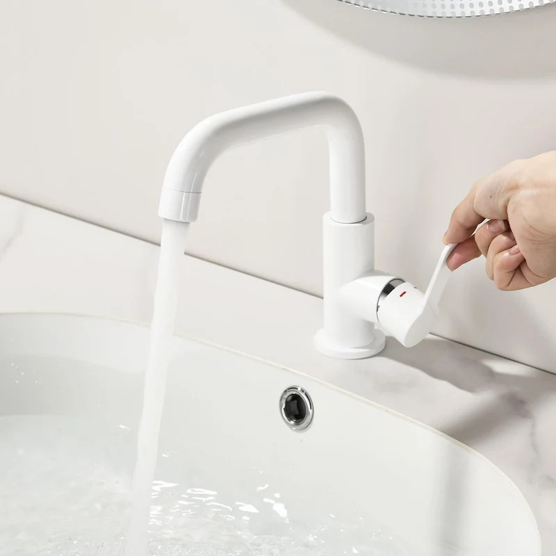 ONECE Waschtischarmatur mit 360° Drehbar, Weiss Wasserhahn Bad mit Auslauf Höhe 136.5 mm, Einhebelmi