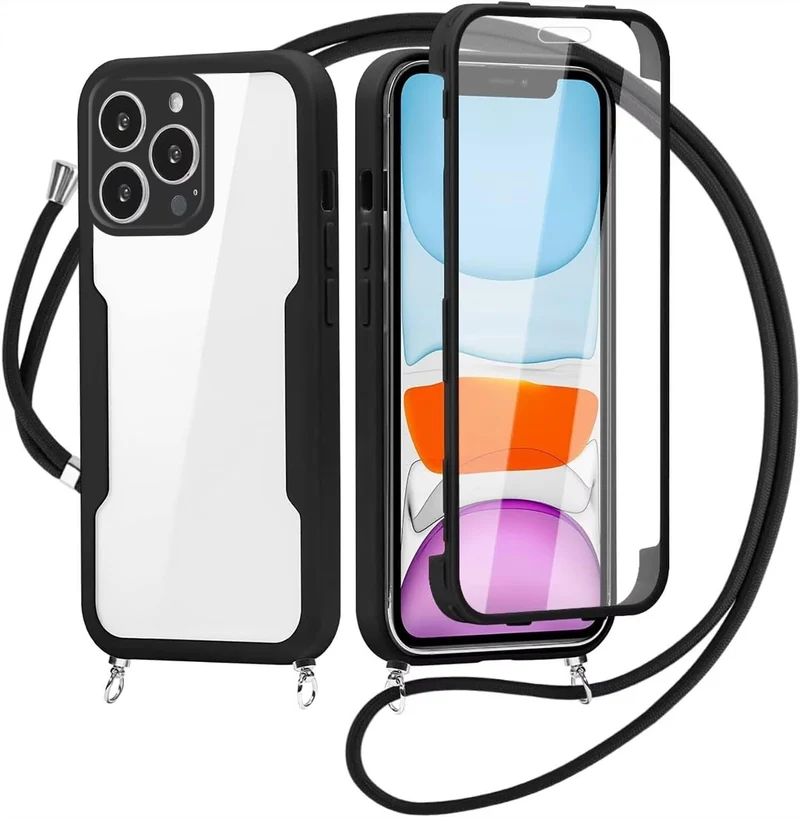 FERLAN Handykette für iPhone 13 Pro Hülle mit Band,Transparent 360 Grad Rundumschutz Schutzhülle mit