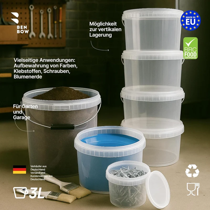 BenBow Eimer mit Deckel 3l transparent 20x 3 Liter - lebensmittelecht, stabil, luftdicht - Plastikei