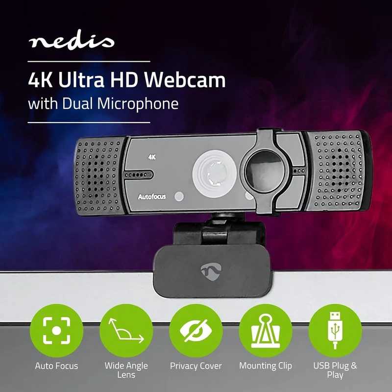 Nedis WCAM120BK Webcam | Full HD@60fps / 4K@30fps | Autofokus | Eingebautes Mikrofon | Schwarz