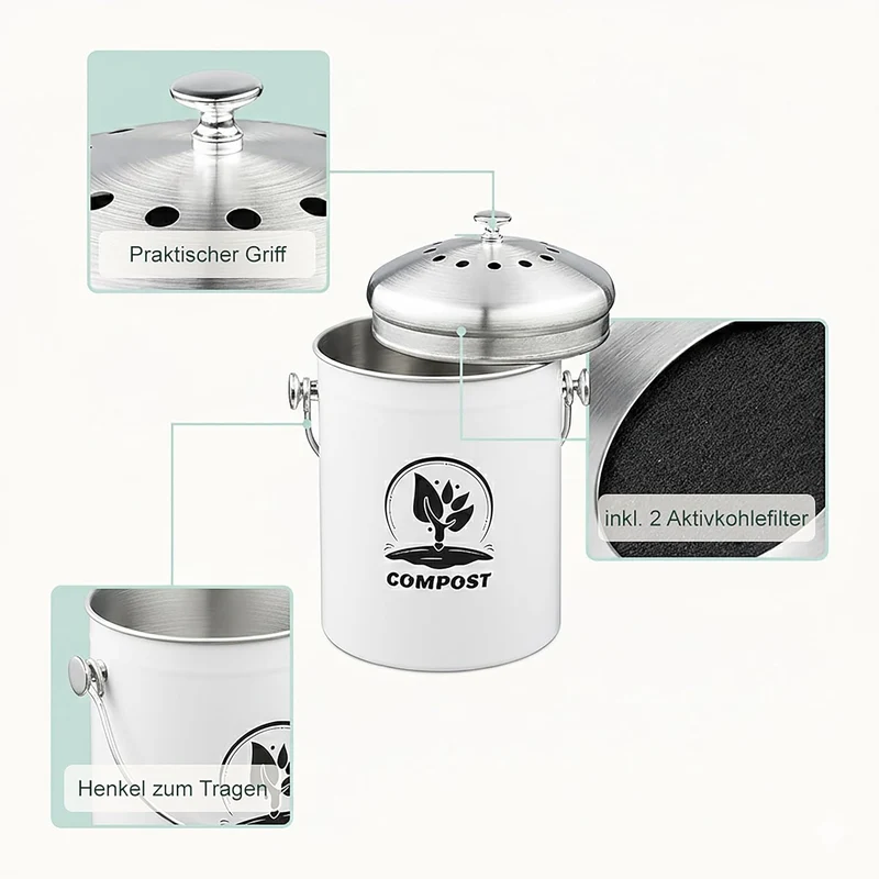 Relaxdays Komposteimer Küche, 5 l, Kleiner Mülleimer, Deckel und Geruchsfilter, Abfalleimer Biomüll,
