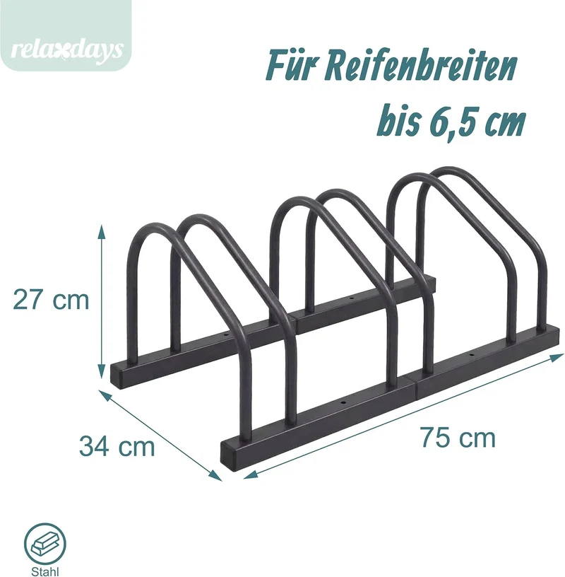 Relaxdays Fahrradständer Boden & Wandmontage, 3 Räder, bis 65 mm Reifenbreite, Garage, Reihenparker,