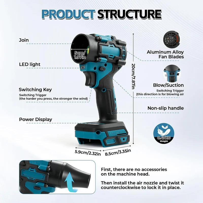 Akku-Staubwedelgebläse für Makita 18V, 2 in 1 Handstaubsauger Bürstenloser Laubbläser 85000 U/min mi