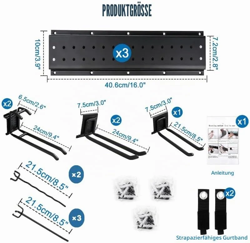 Gartengeräte Halterung,48 Zoll garage tool organizer wall mount, 3 verstellbare Platten + 10 Haken a