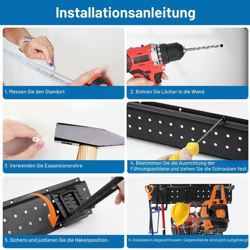 Gartengeräte Halterung,48 Zoll garage tool organizer wall mount, 3 verstellbare Platten + 10 Haken a