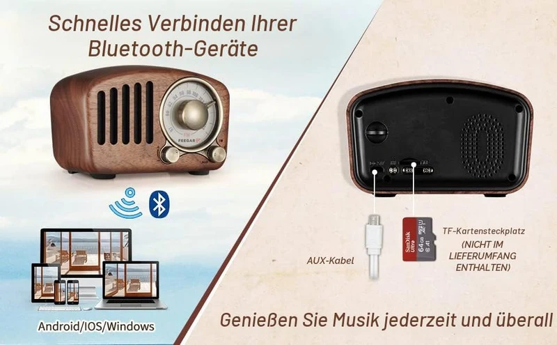 Radio Feegar Retro Bluetooth Lautsprecher,Vintage FM Radio mit altmodischem klassischem Stil,Starke