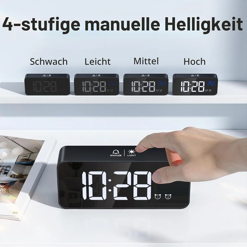Wecker Digital, LED Digitaluhr mit Temperaturanzeige Tragbarer Spiegelalarm Tischuhr mit 2 Alarmen 1