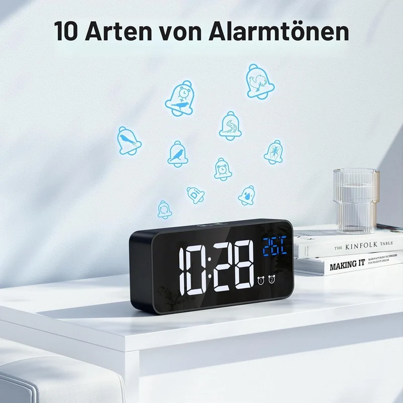 Wecker Digital, LED Digitaluhr mit Temperaturanzeige Tragbarer Spiegelalarm Tischuhr mit 2 Alarmen 1