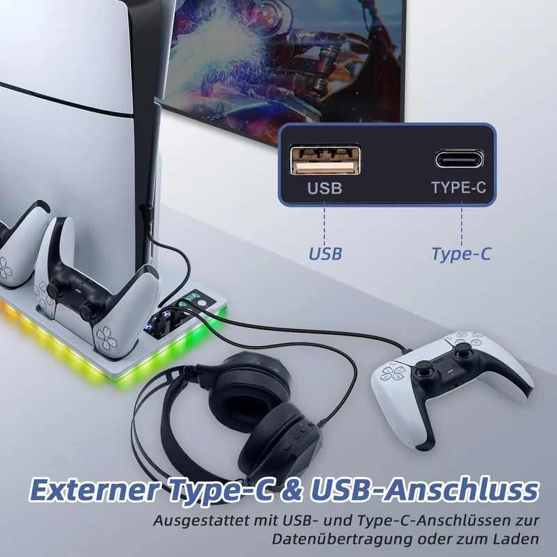 Wigearss PS5/PS5 Slim/PS5 Pro Kühler Standfuss mit Dual Controller Ladegerät, PS5 Controller Ladesta