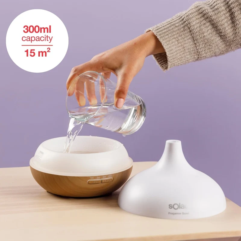 Solac – Luftbefeuchter Fragance Quiet 10W | 300-ml-Tank | LED in 7 Farben | 10-Stunden-Timer | 2 Neb