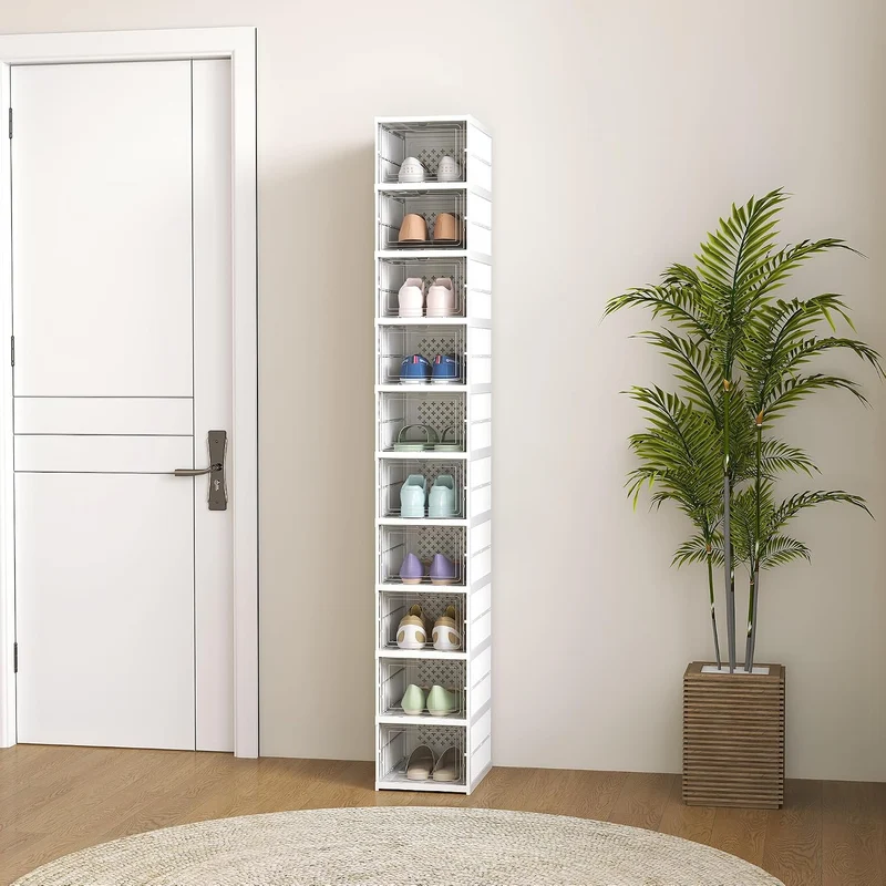 HOMCOM Schuhboxen 10 Stück Stapelbare und Faltbar Schuh-Organizer mit Transparenten Türen, Platzspar